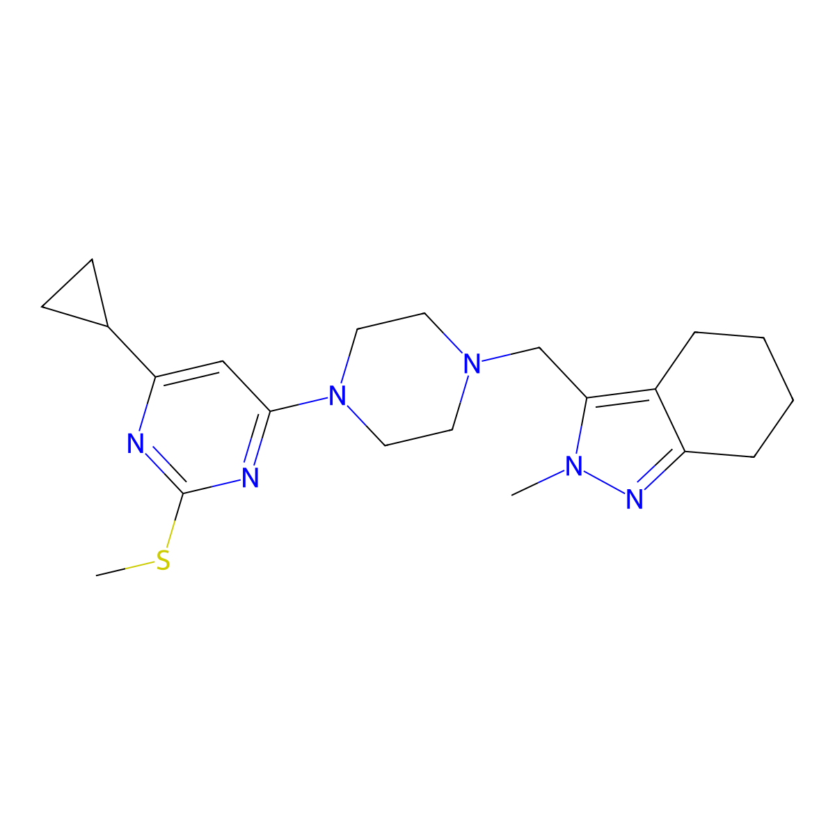 3-({4-[6-cyclopropyl-2-(methylsulfanyl)pyrimidin-4-yl]piperazin-1-yl}methyl)-2-methyl-4,5,6,7-tetrahydro-2H-indazole molecular structure, CAS 2640898-93-5