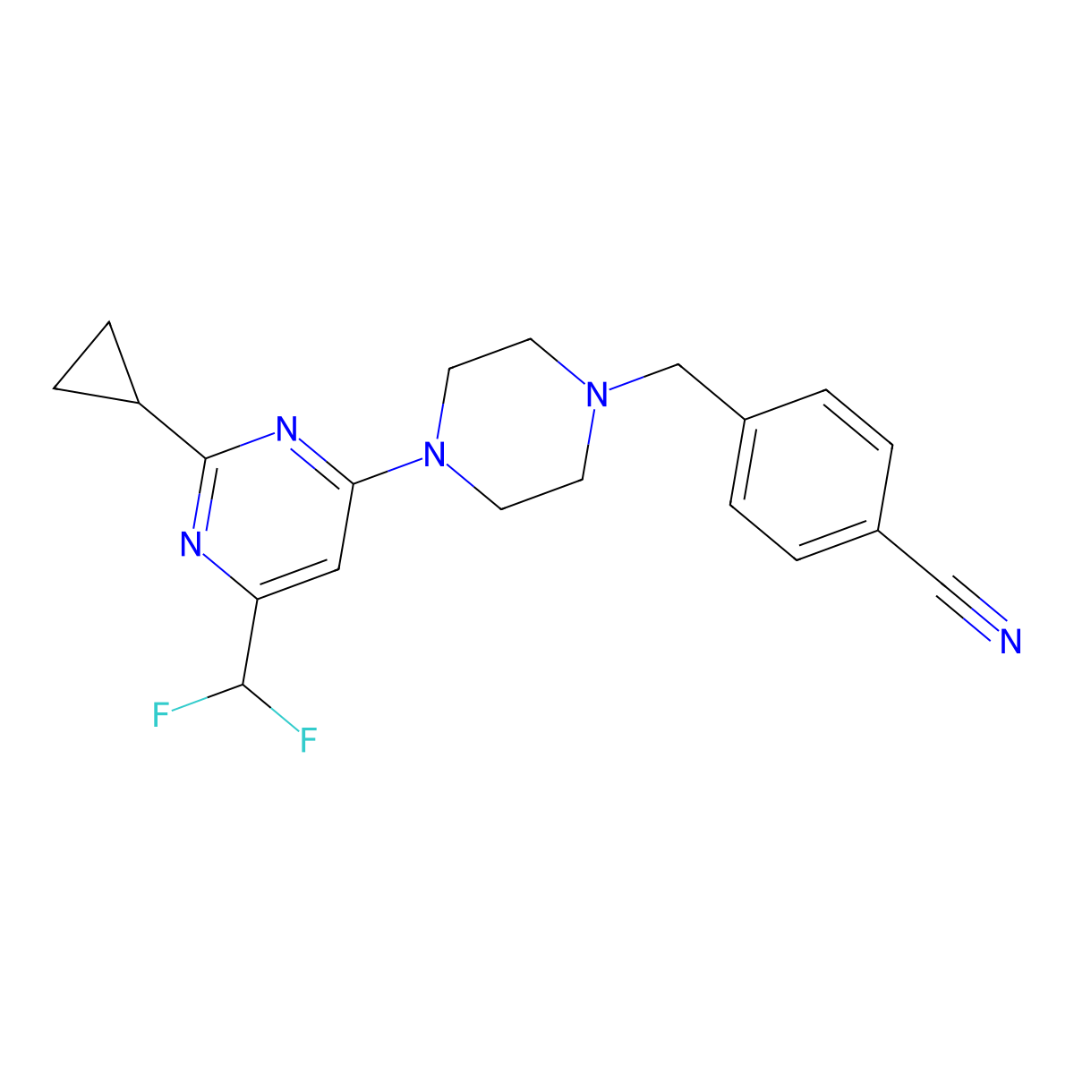 4-({4-[2-Cyclopropyl-6-(difluoromethyl)pyrimidin-4-yl]piperazin-1-yl}methyl)benzonitrile molecular structure, CAS 2640898-96-8