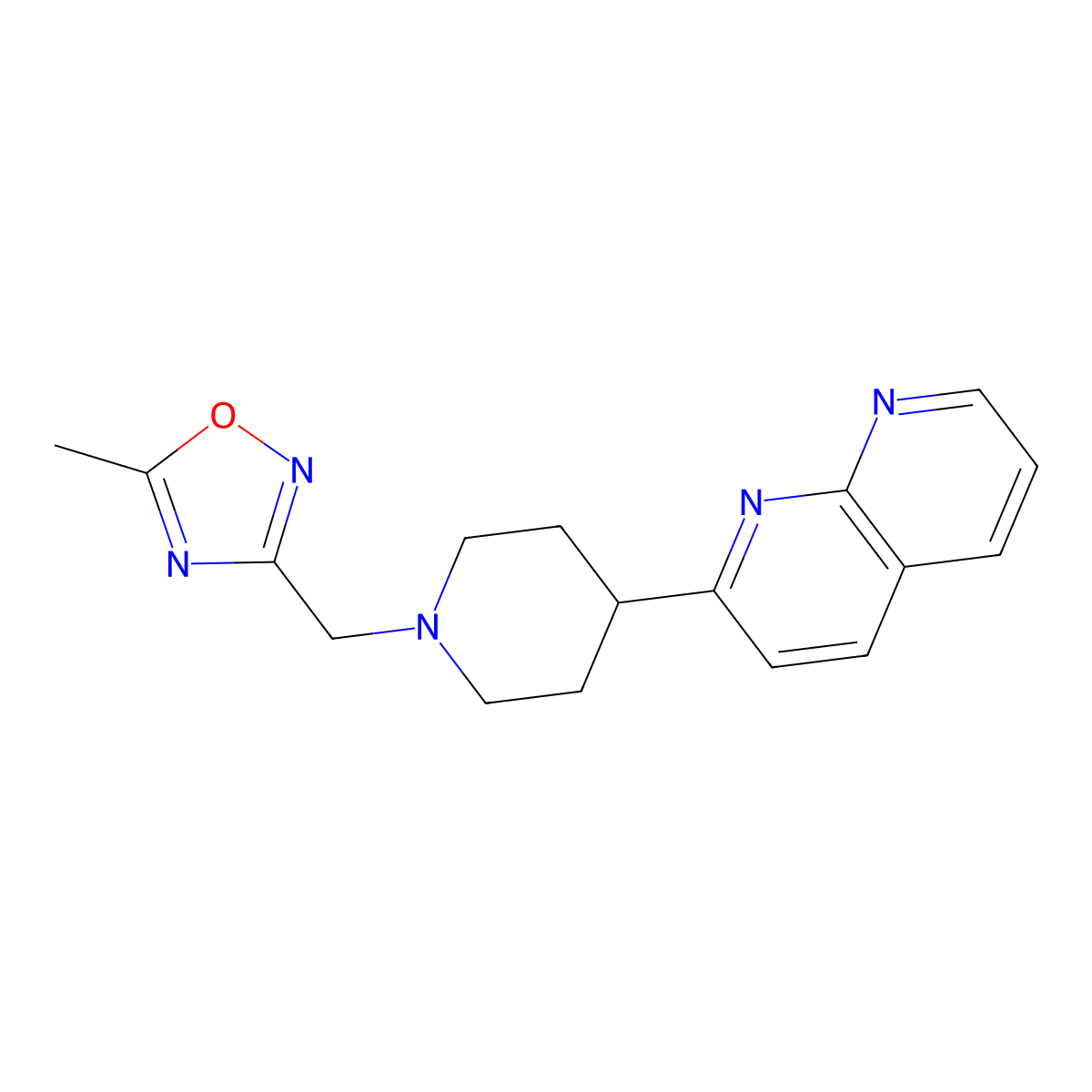 2-{1-[(5-Methyl-1,2,4-oxadiazol-3-yl)methyl]piperidin-4-yl}-1,8-naphthyridine molecular structure, CAS 2640899-00-7