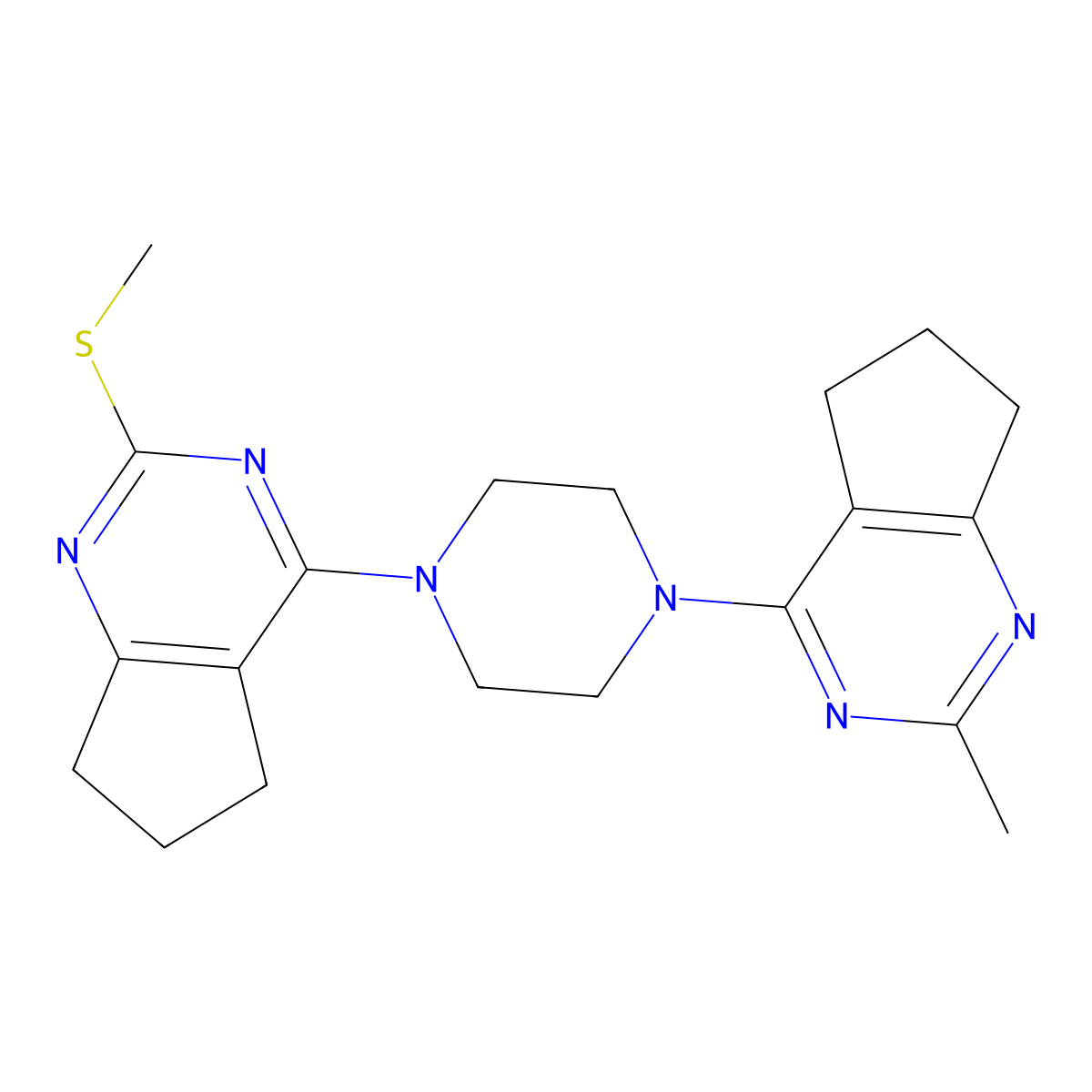 1-{2-methyl-5H,6H,7H-cyclopenta[d]pyrimidin-4-yl}-4-[2-(methylsulfanyl)-5H,6H,7H-cyclopenta[d]pyrimidin-4-yl]piperazine molecular structure, CAS 2640899-01-8