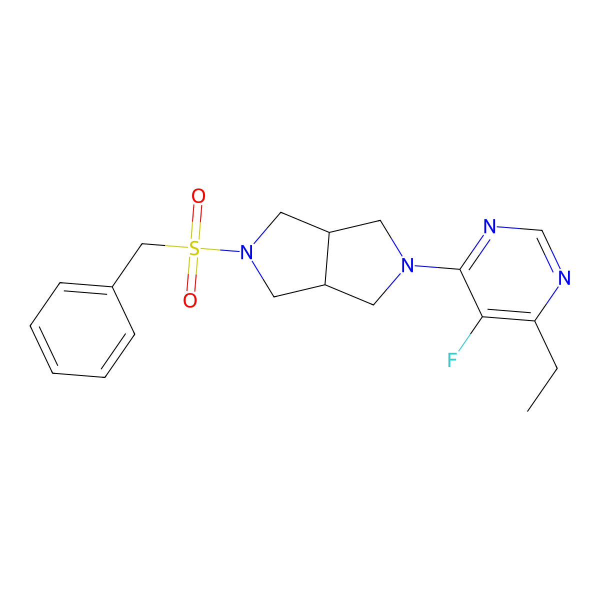 4-Ethyl-5-fluoro-6-{5-phenylmethanesulfonyl-octahydropyrrolo[3,4-c]pyrrol-2-yl}pyrimidine molecular structure, CAS 2640899-07-4