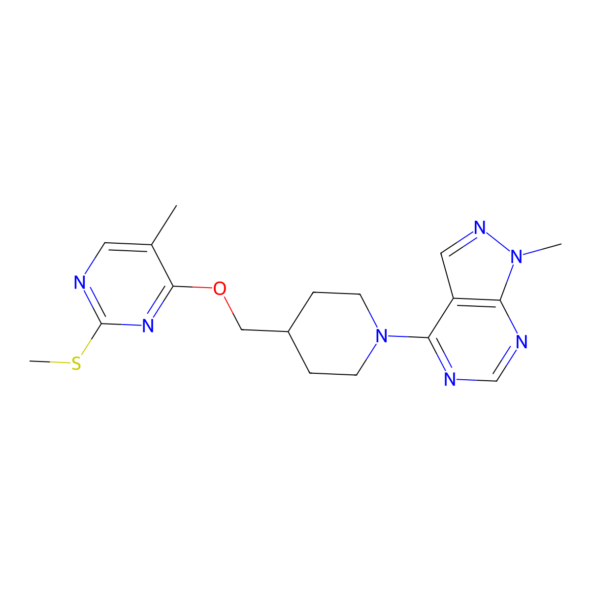 5-methyl-4-[(1-{1-methyl-1H-pyrazolo[3,4-d]pyrimidin-4-yl}piperidin-4-yl)methoxy]-2-(methylsulfanyl)pyrimidine molecular structure, CAS 2640899-08-5