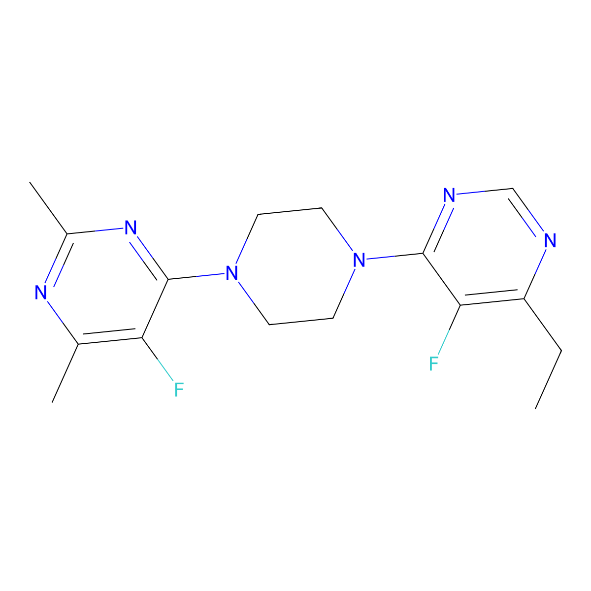 4-[4-(6-Ethyl-5-fluoropyrimidin-4-yl)piperazin-1-yl]-5-fluoro-2,6-dimethylpyrimidine molecular structure, CAS 2640899-12-1