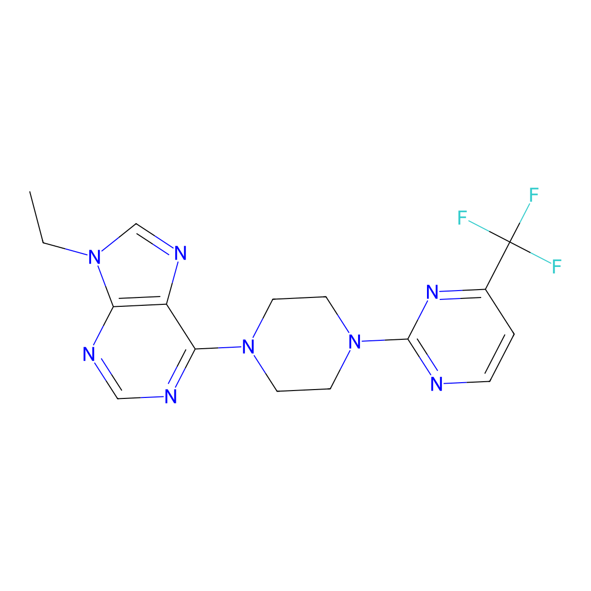 9-ethyl-6-{4-[4-(trifluoromethyl)pyrimidin-2-yl]piperazin-1-yl}-9H-purine molecular structure, CAS 2640899-16-5