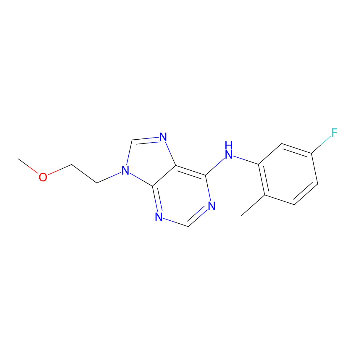 N-(5-fluoro-2-methylphenyl)-9-(2-methoxyethyl)-9H-purin-6-amine molecular structure, CAS 2640899-17-6