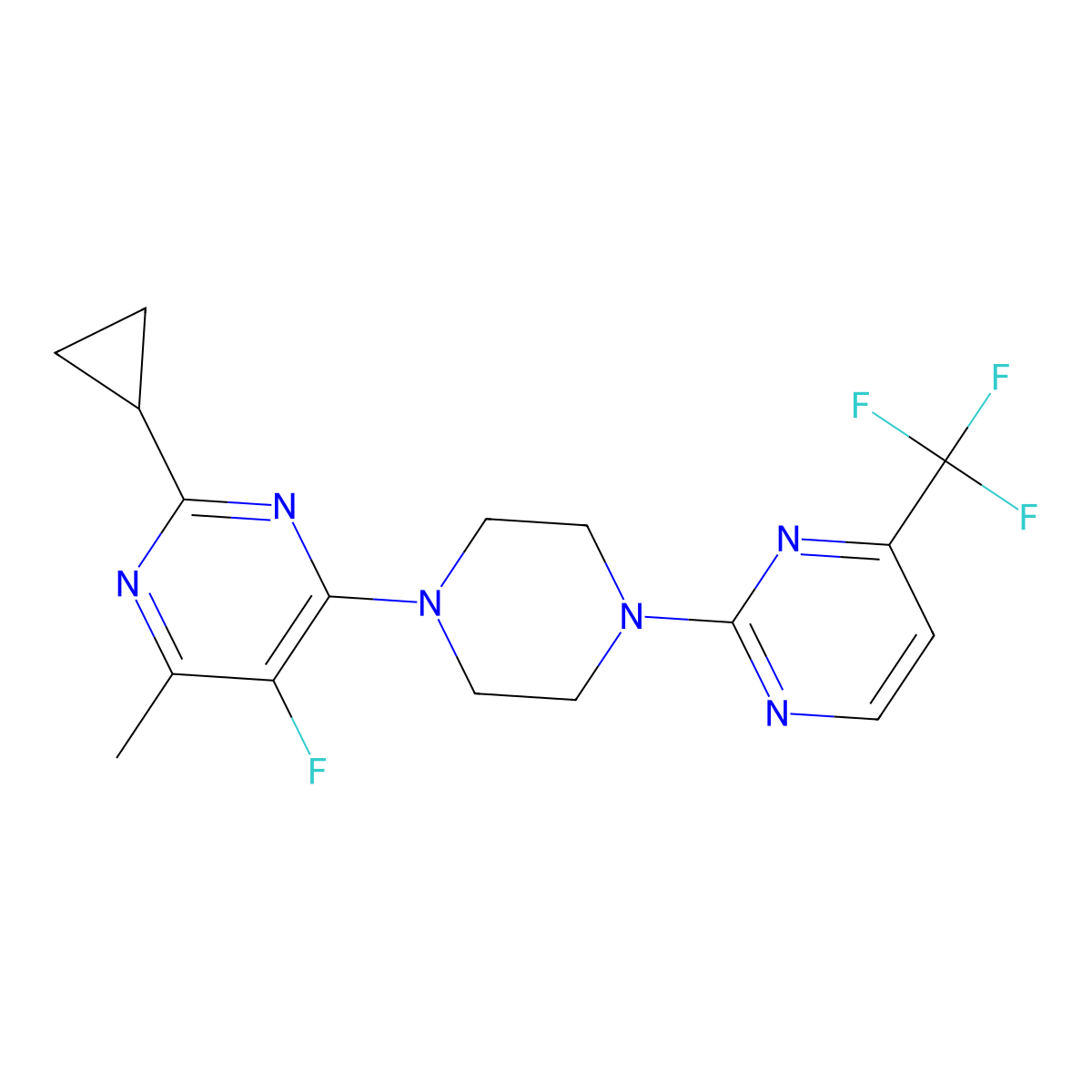 2-Cyclopropyl-5-fluoro-4-methyl-6-{4-[4-(trifluoromethyl)pyrimidin-2-yl]piperazin-1-yl}pyrimidine molecular structure, CAS 2640899-19-8