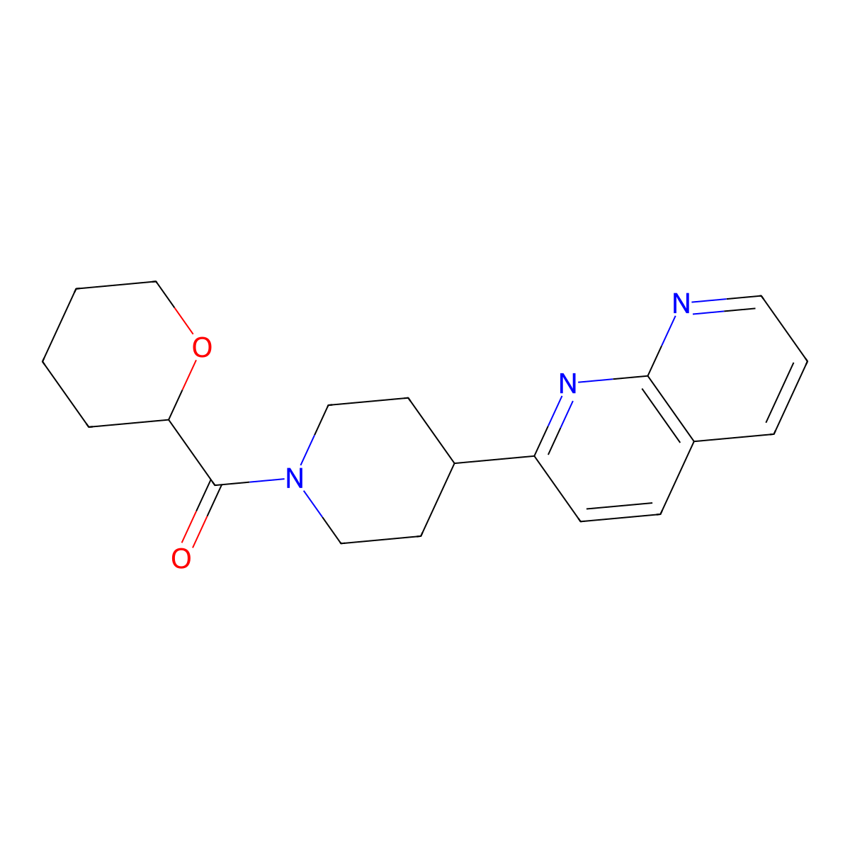 2-[1-(Oxane-2-carbonyl)piperidin-4-yl]-1,8-naphthyridine molecular structure, CAS 2640899-21-2
