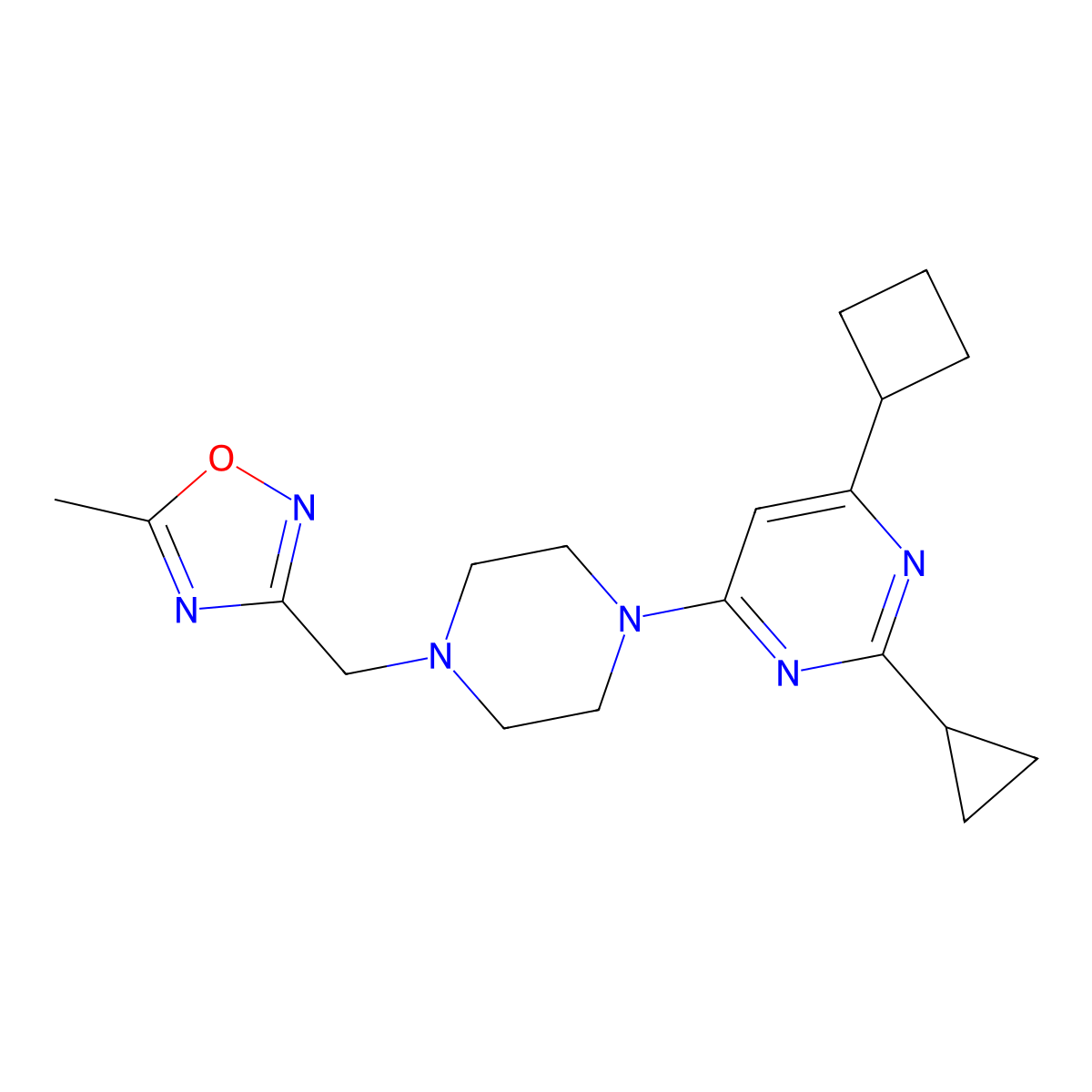 4-Cyclobutyl-2-cyclopropyl-6-{4-[(5-methyl-1,2,4-oxadiazol-3-yl)methyl]piperazin-1-yl}pyrimidine molecular structure, CAS 2640899-22-3