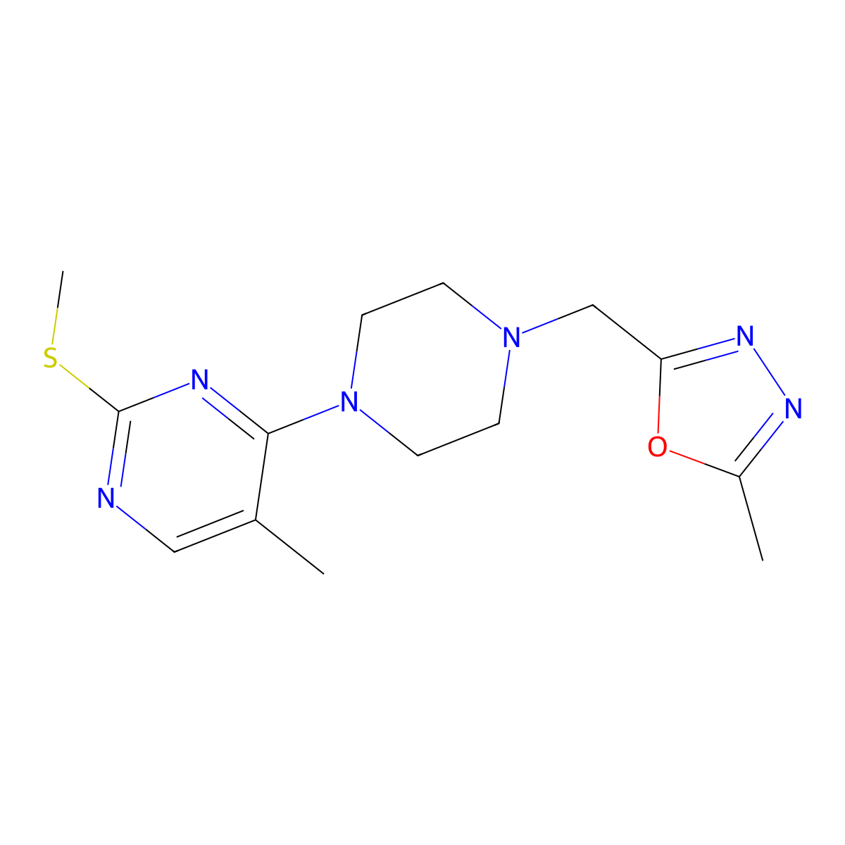 5-Methyl-4-{4-[(5-methyl-1,3,4-oxadiazol-2-yl)methyl]piperazin-1-yl}-2-(methylsulfanyl)pyrimidine molecular structure, CAS 2640899-26-7