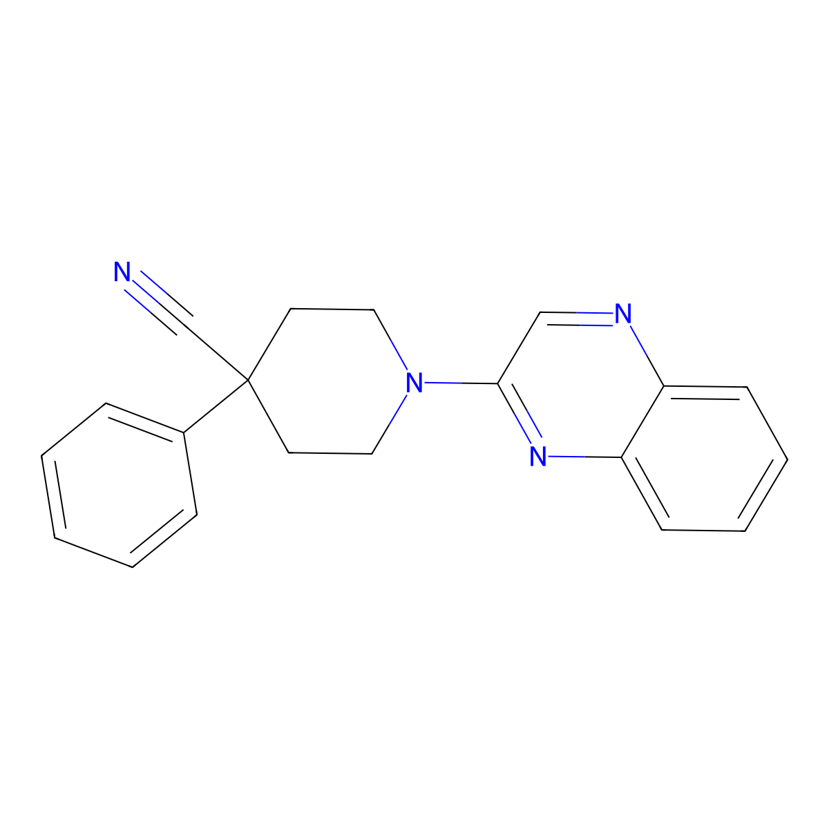 4-Phenyl-1-(quinoxalin-2-yl)piperidine-4-carbonitrile molecular structure, CAS 2640899-28-9