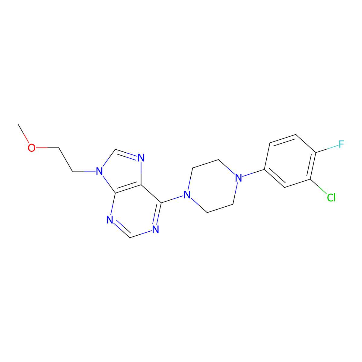 6-[4-(3-chloro-4-fluorophenyl)piperazin-1-yl]-9-(2-methoxyethyl)-9H-purine molecular structure, CAS 2640899-33-6