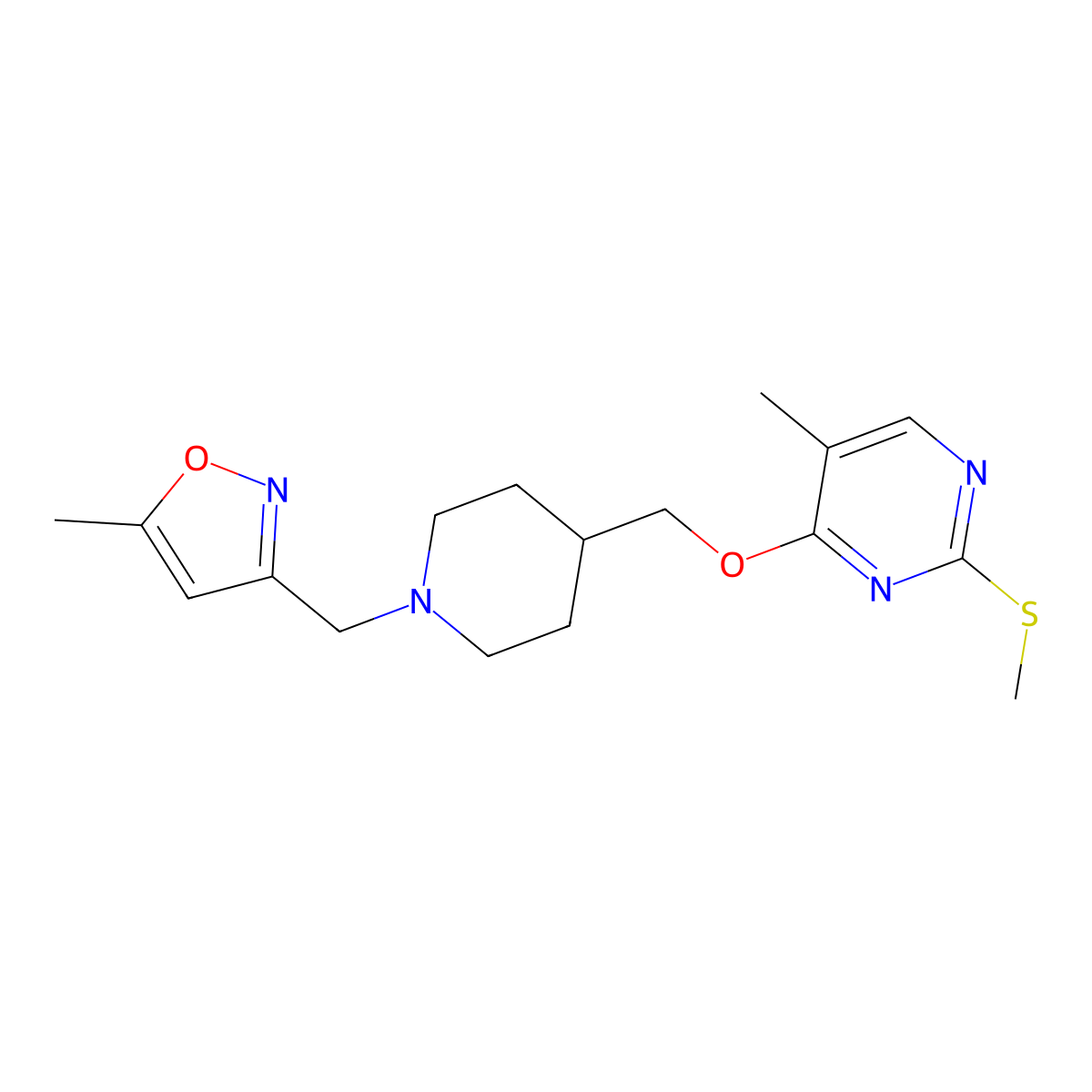 5-Methyl-4-({1-[(5-methyl-1,2-oxazol-3-yl)methyl]piperidin-4-yl}methoxy)-2-(methylsulfanyl)pyrimidine molecular structure, CAS 2640899-34-7