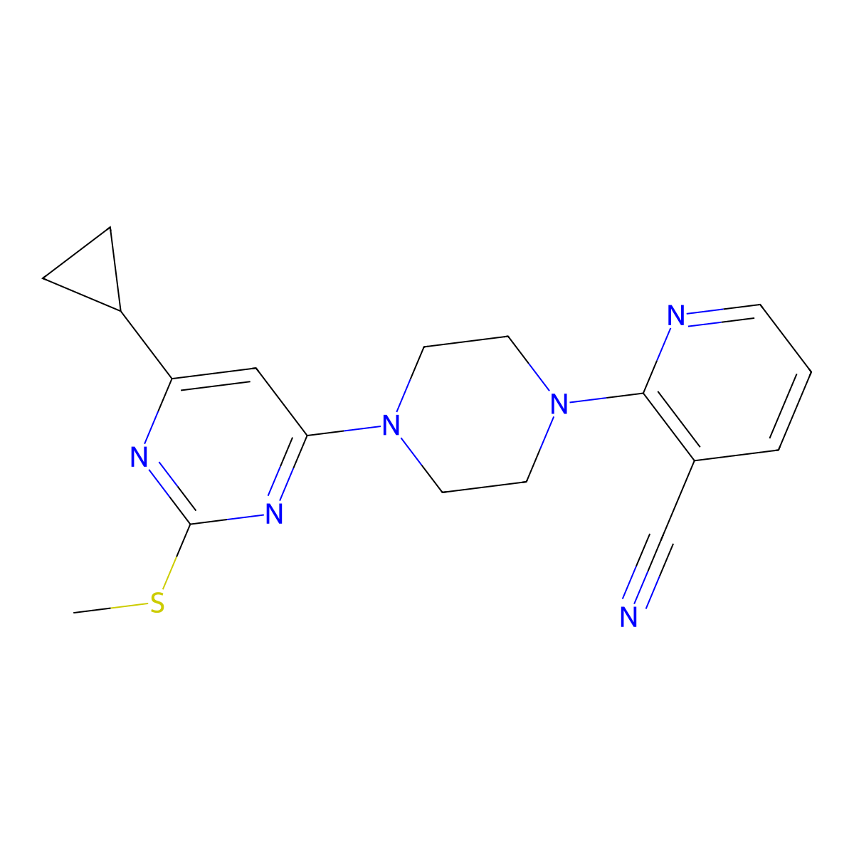 2-{4-[6-Cyclopropyl-2-(methylsulfanyl)pyrimidin-4-yl]piperazin-1-yl}pyridine-3-carbonitrile molecular structure, CAS 2640899-37-0