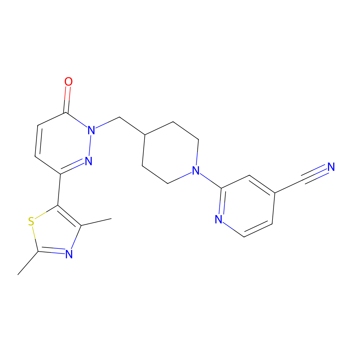 2-(4-{[3-(2,4-Dimethyl-1,3-thiazol-5-yl)-6-oxo-1,6-dihydropyridazin-1-yl]methyl}piperidin-1-yl)pyridine-4-carbonitrile molecular structure, CAS 2640899-38-1