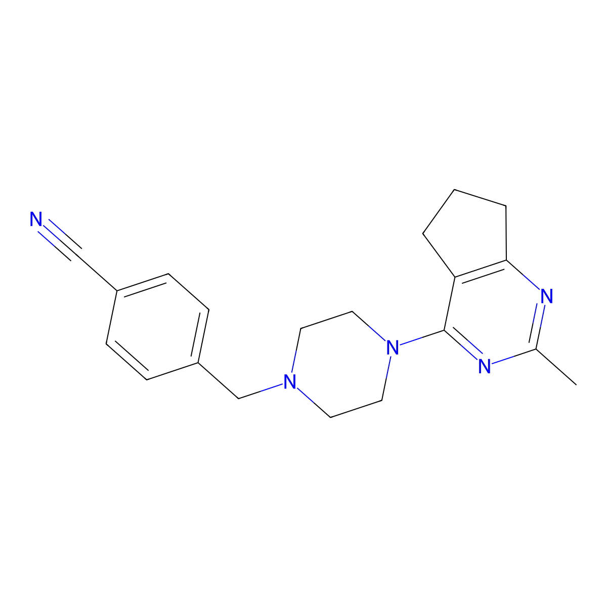 4-[(4-{2-methyl-5H,6H,7H-cyclopenta[d]pyrimidin-4-yl}piperazin-1-yl)methyl]benzonitrile molecular structure, CAS 2640899-41-6