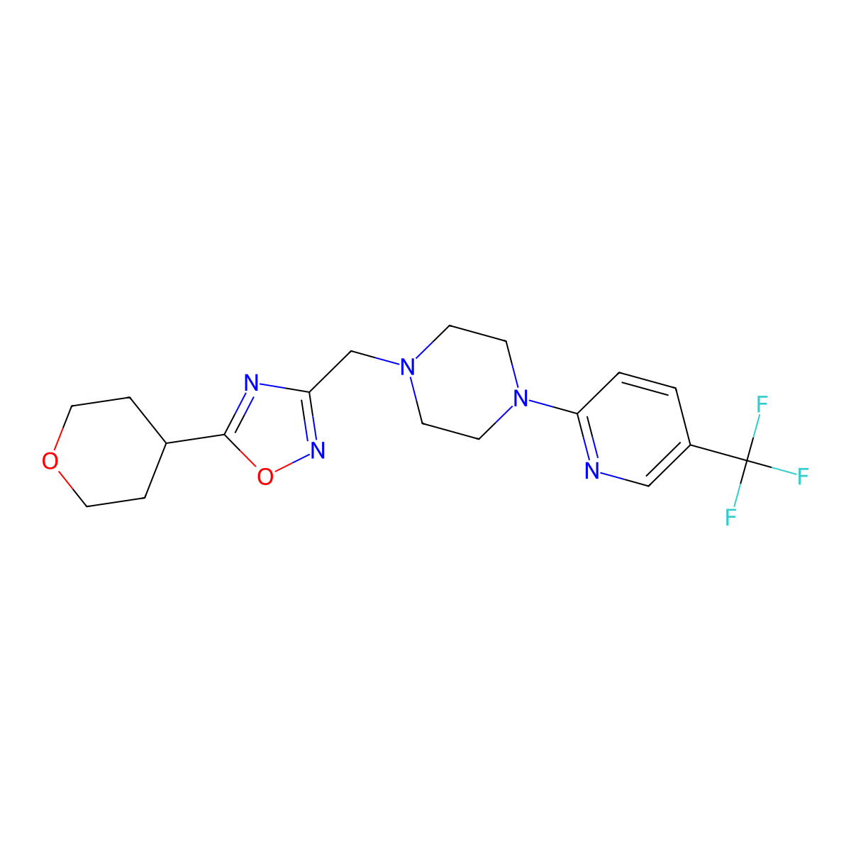 1-{[5-(Oxan-4-yl)-1,2,4-oxadiazol-3-yl]methyl}-4-[5-(trifluoromethyl)pyridin-2-yl]piperazine molecular structure, CAS 2640899-45-0
