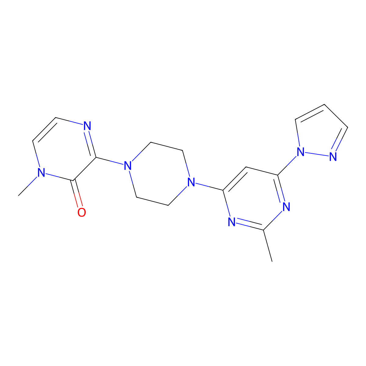 1-methyl-3-{4-[2-methyl-6-(1H-pyrazol-1-yl)pyrimidin-4-yl]piperazin-1-yl}-1,2-dihydropyrazin-2-one molecular structure, CAS 2640899-47-2