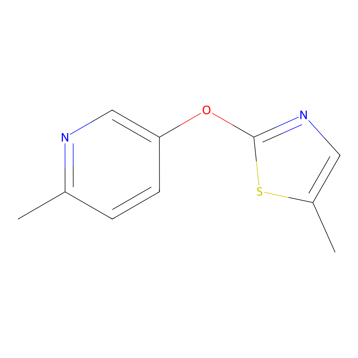 2-Methyl-5-[(5-methyl-1,3-thiazol-2-yl)oxy]pyridine molecular structure, CAS 2640902-15-2