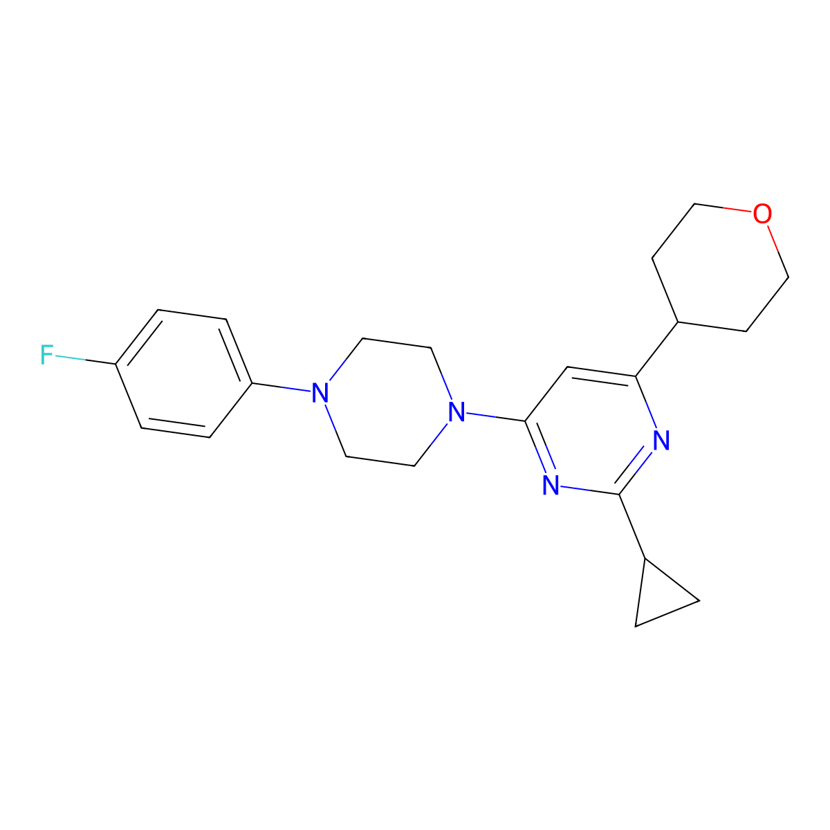 2-Cyclopropyl-4-[4-(4-fluorophenyl)piperazin-1-yl]-6-(oxan-4-yl)pyrimidine molecular structure, CAS 2640902-19-6