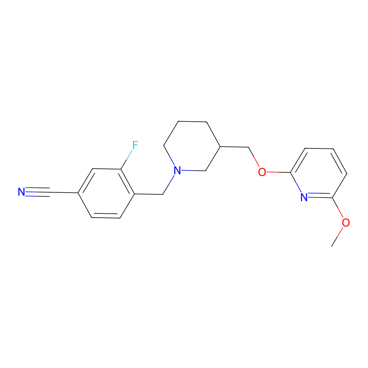 3-Fluoro-4-[(3-{[(6-methoxypyridin-2-yl)oxy]methyl}piperidin-1-yl)methyl]benzonitrile molecular structure, CAS 2640902-20-9