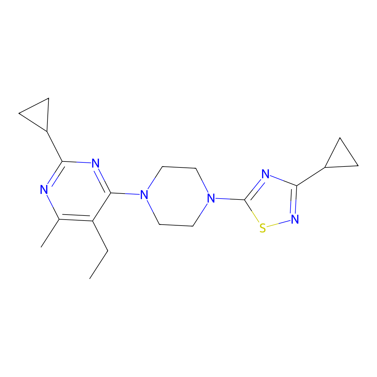 2-Cyclopropyl-4-[4-(3-cyclopropyl-1,2,4-thiadiazol-5-yl)piperazin-1-yl]-5-ethyl-6-methylpyrimidine molecular structure, CAS 2640902-26-5