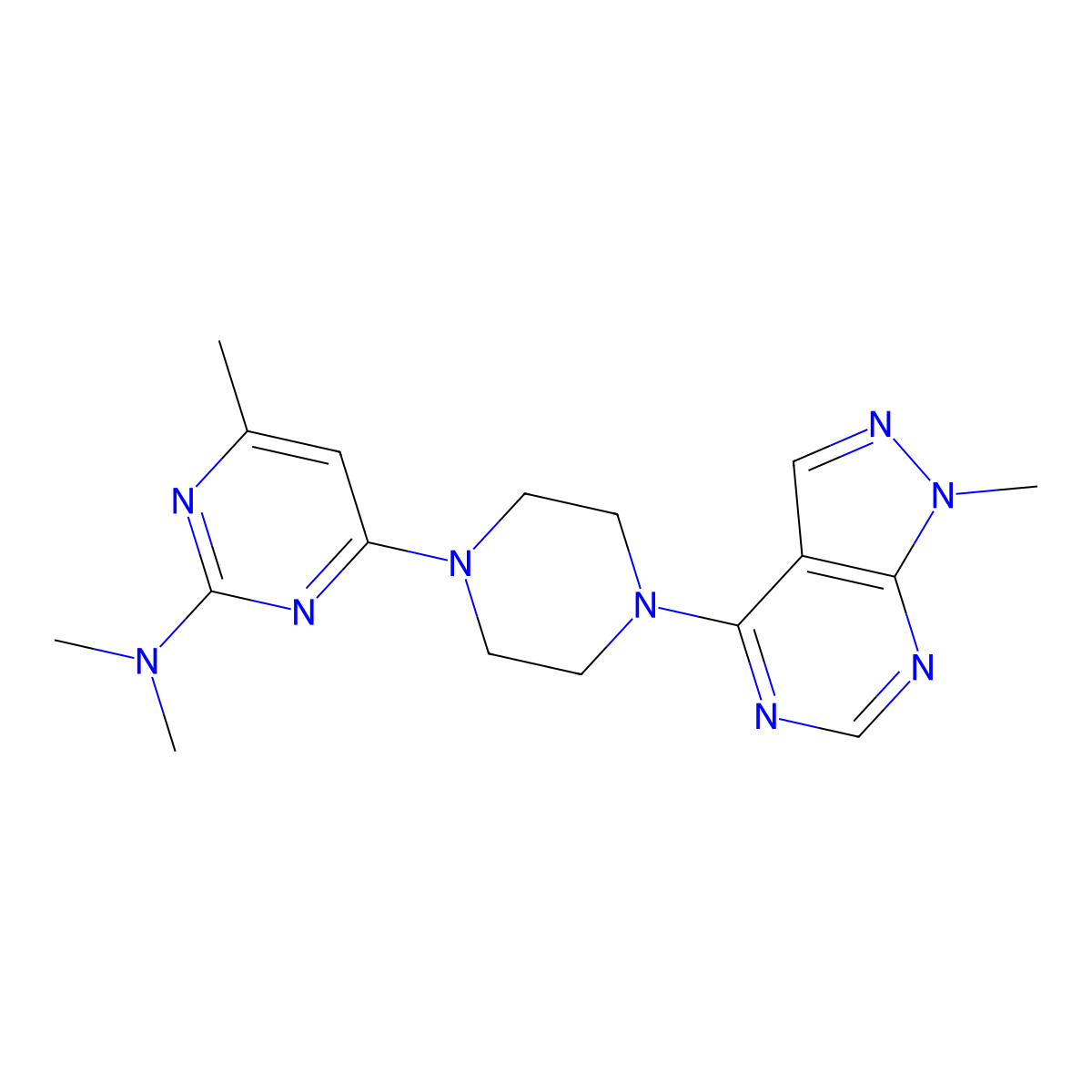N,N,4-trimethyl-6-(4-{1-methyl-1H-pyrazolo[3,4-d]pyrimidin-4-yl}piperazin-1-yl)pyrimidin-2-amine molecular structure, CAS 2640902-27-6