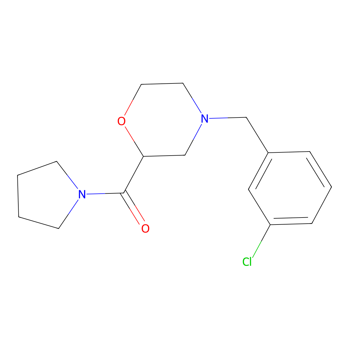 4-[(3-Chlorophenyl)methyl]-2-(pyrrolidine-1-carbonyl)morpholine molecular structure, CAS 2640902-30-1