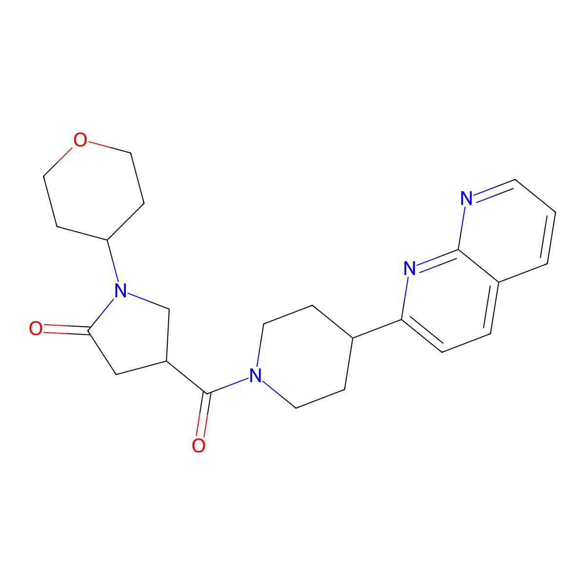 4-[4-(1,8-Naphthyridin-2-yl)piperidine-1-carbonyl]-1-(oxan-4-yl)pyrrolidin-2-one molecular structure, CAS 2640902-33-4