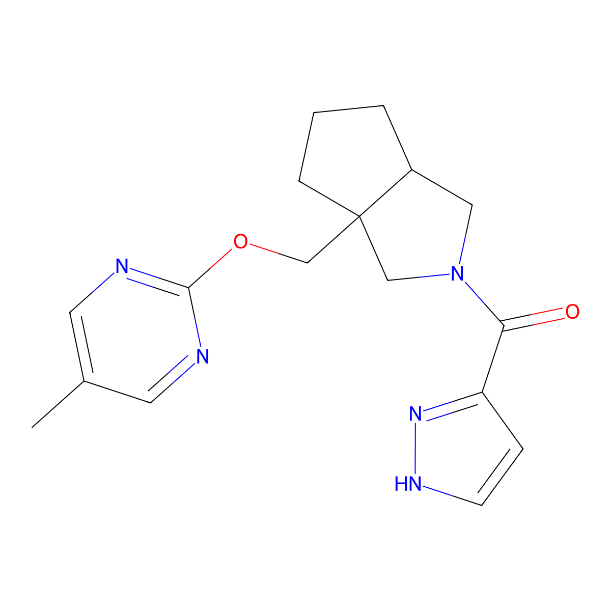 5-methyl-2-{[2-(1H-pyrazole-3-carbonyl)-octahydrocyclopenta[c]pyrrol-3a-yl]methoxy}pyrimidine molecular structure, CAS 2640902-37-8