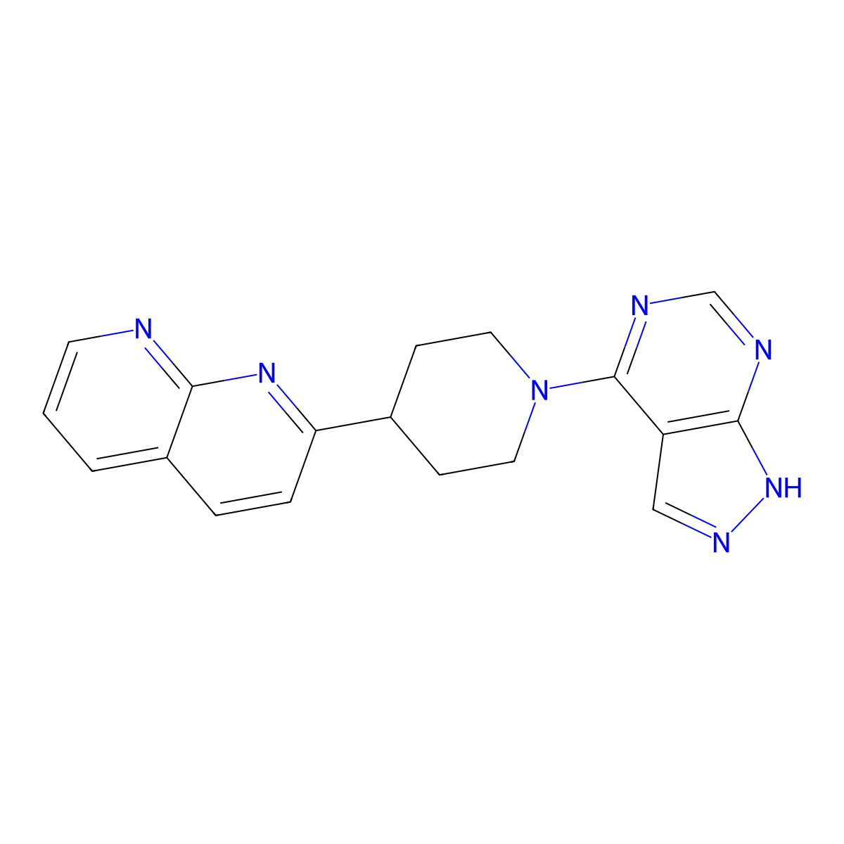 2-(1-{1H-pyrazolo[3,4-d]pyrimidin-4-yl}piperidin-4-yl)-1,8-naphthyridine molecular structure, CAS 2640902-43-6