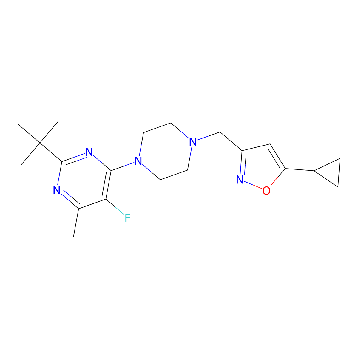 2-Tert-butyl-4-{4-[(5-cyclopropyl-1,2-oxazol-3-yl)methyl]piperazin-1-yl}-5-fluoro-6-methylpyrimidine molecular structure, CAS 2640902-49-2