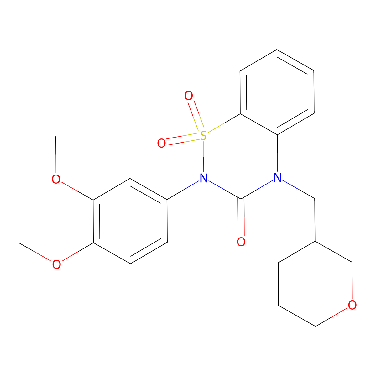 2-(3,4-Dimethoxyphenyl)-4-(oxan-3-ylmethyl)-1,1-dioxo-1lambda6,2,4-benzothiadiazin-3-one molecular structure, CAS 2640902-50-5