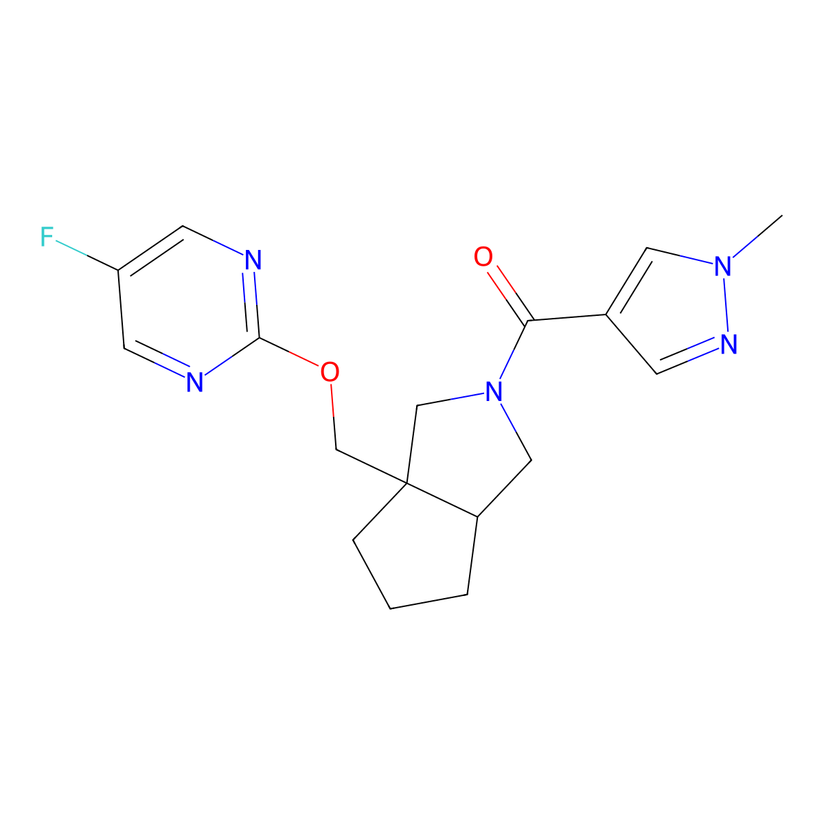 5-fluoro-2-{[2-(1-methyl-1H-pyrazole-4-carbonyl)-octahydrocyclopenta[c]pyrrol-3a-yl]methoxy}pyrimidine molecular structure, CAS 2640902-55-0