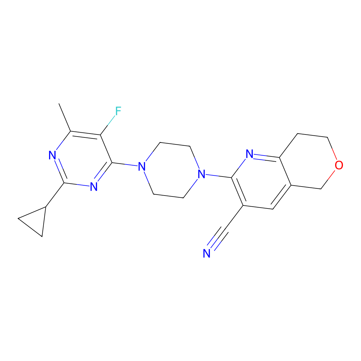 2-[4-(2-cyclopropyl-5-fluoro-6-methylpyrimidin-4-yl)piperazin-1-yl]-5H,7H,8H-pyrano[4,3-b]pyridine-3-carbonitrile molecular structure, CAS 2640902-61-8
