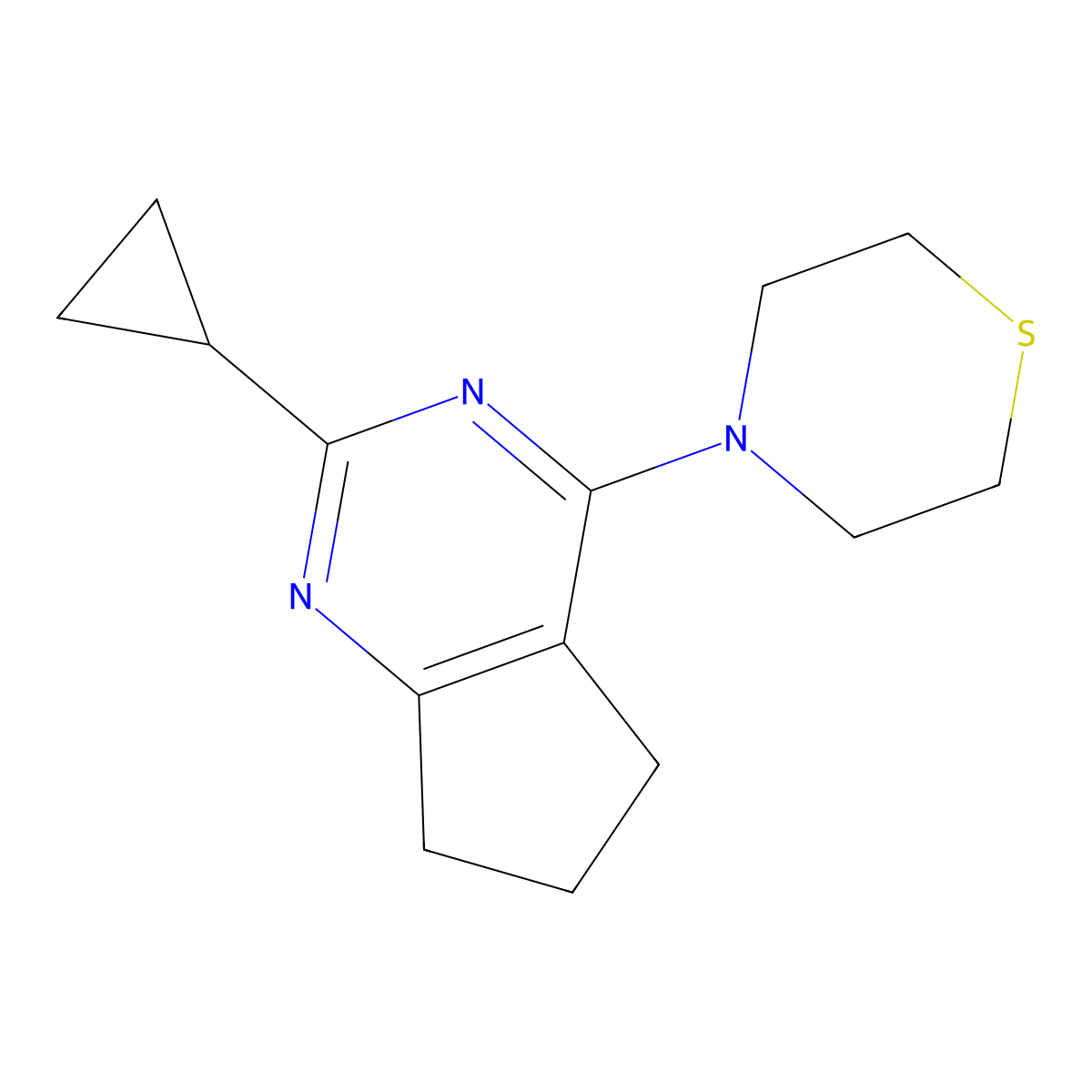 4-{2-cyclopropyl-5H,6H,7H-cyclopenta[d]pyrimidin-4-yl}thiomorpholine molecular structure, CAS 2640902-65-2
