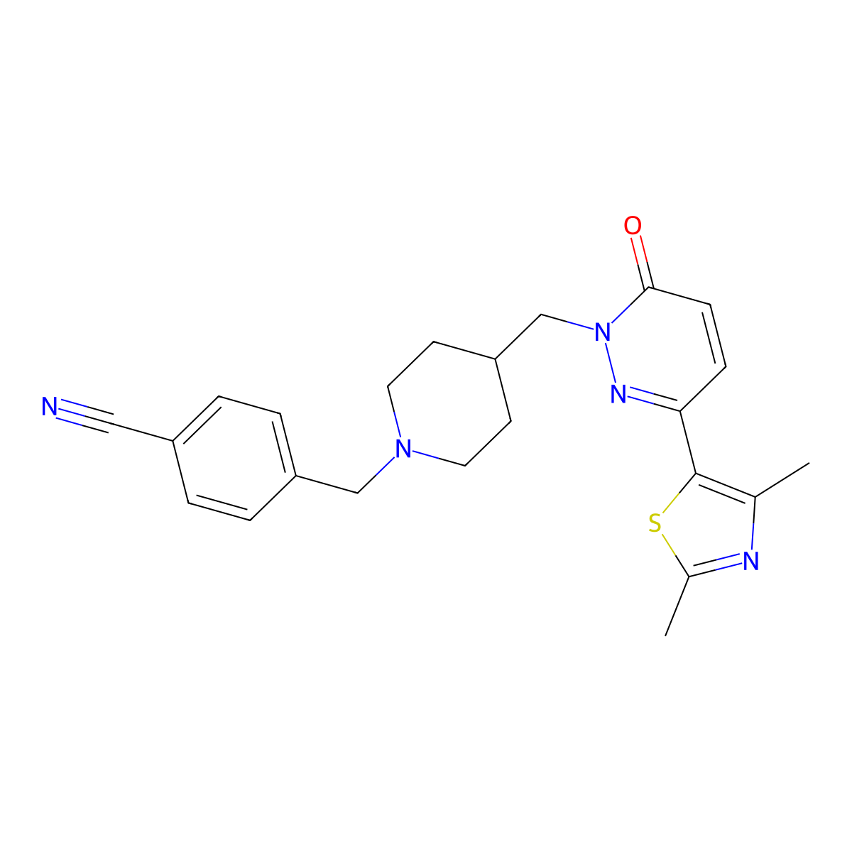 4-[(4-{[3-(2,4-Dimethyl-1,3-thiazol-5-yl)-6-oxo-1,6-dihydropyridazin-1-yl]methyl}piperidin-1-yl)methyl]benzonitrile molecular structure, CAS 2640902-66-3