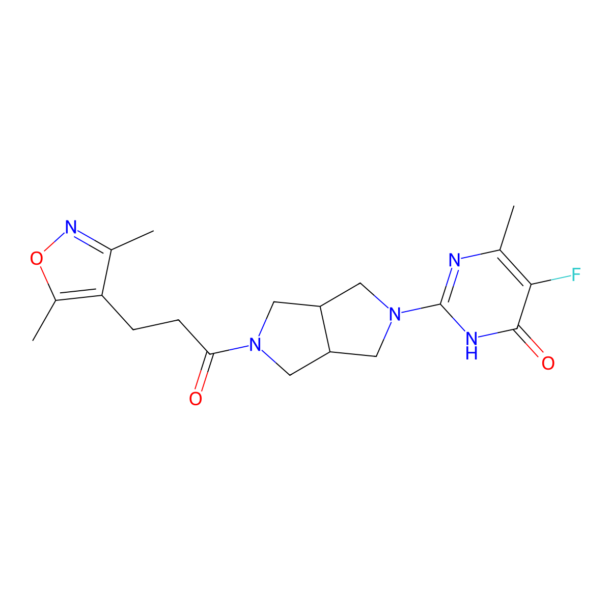 2-{5-[3-(3,5-Dimethyl-1,2-oxazol-4-yl)propanoyl]-octahydropyrrolo[3,4-c]pyrrol-2-yl}-5-fluoro-6-methyl-3,4-dihydropyrimidin-4-one molecular structure, CAS 2640902-67-4
