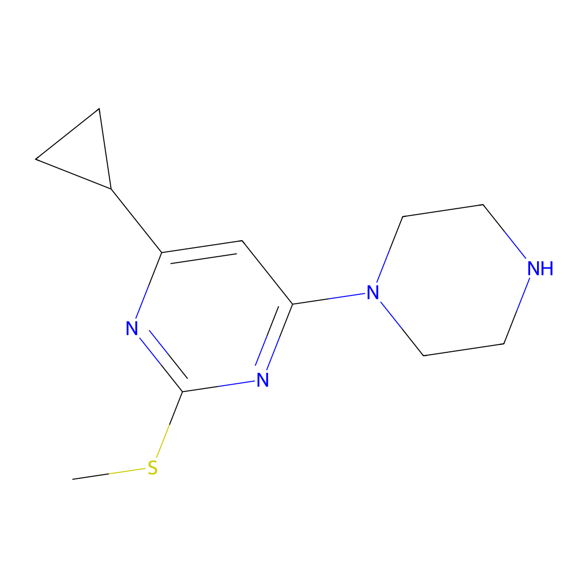 4-Cyclopropyl-2-(methylsulfanyl)-6-(piperazin-1-yl)pyrimidine molecular structure, CAS 2640902-69-6