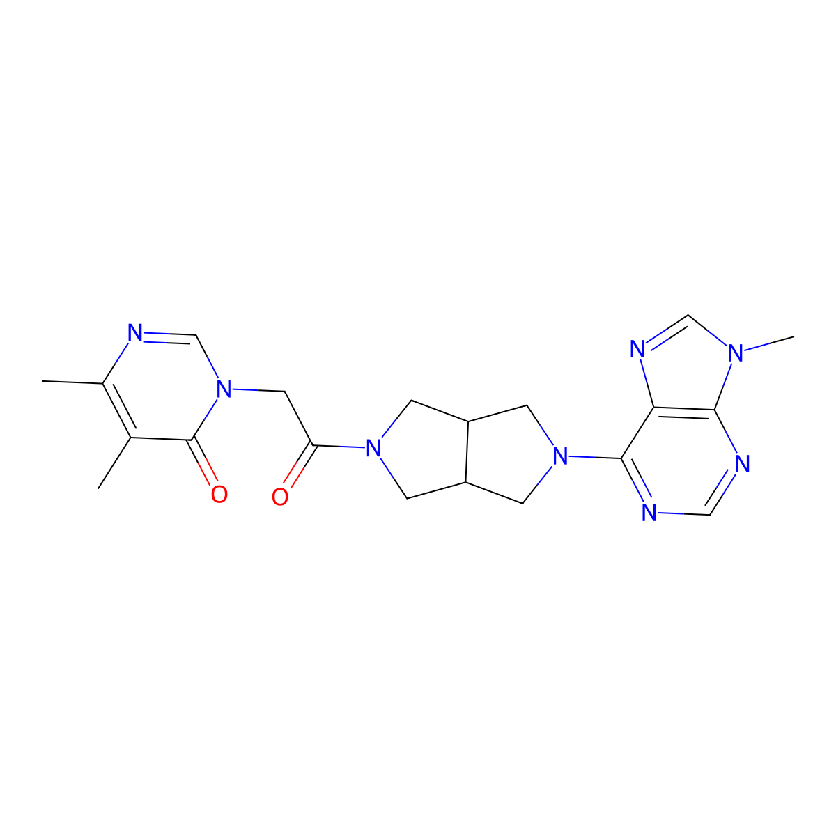 5,6-dimethyl-3-{2-[5-(9-methyl-9H-purin-6-yl)-octahydropyrrolo[3,4-c]pyrrol-2-yl]-2-oxoethyl}-3,4-dihydropyrimidin-4-one molecular structure, CAS 2640902-73-2