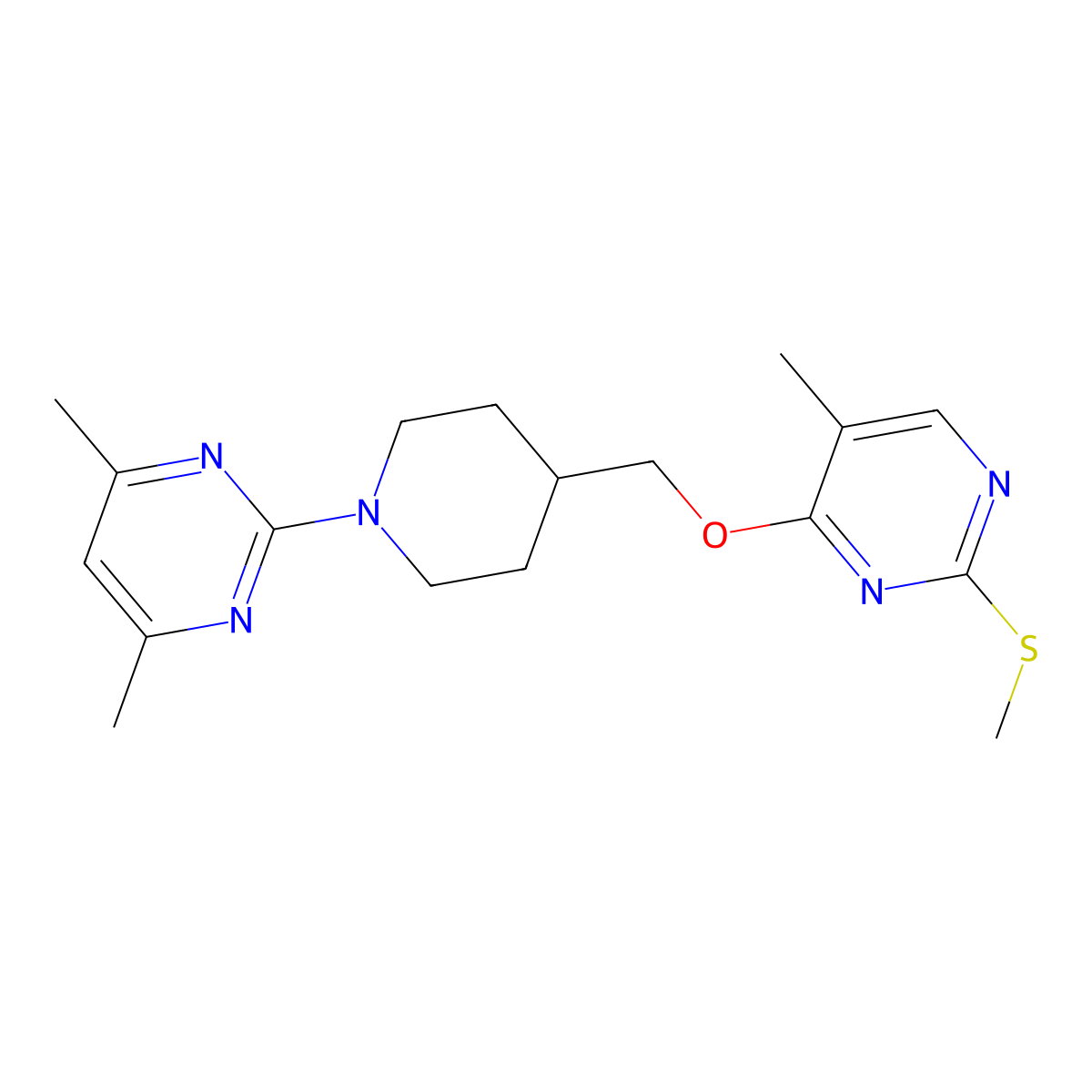 4,6-Dimethyl-2-[4-({[5-methyl-2-(methylsulfanyl)pyrimidin-4-yl]oxy}methyl)piperidin-1-yl]pyrimidine molecular structure, CAS 2640902-75-4