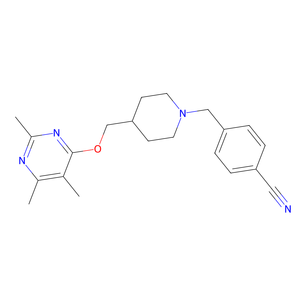 4-[(4-{[(2,5,6-Trimethylpyrimidin-4-yl)oxy]methyl}piperidin-1-yl)methyl]benzonitrile molecular structure, CAS 2640902-79-8