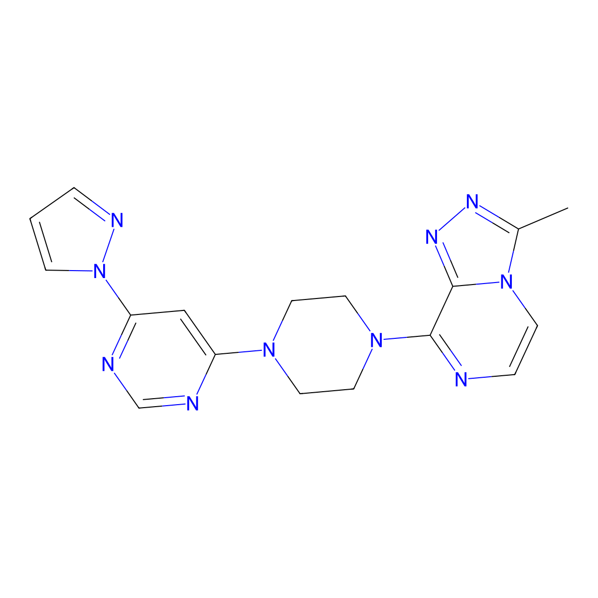 4-(4-{3-methyl-[1,2,4]triazolo[4,3-a]pyrazin-8-yl}piperazin-1-yl)-6-(1H-pyrazol-1-yl)pyrimidine molecular structure, CAS 2640902-83-4