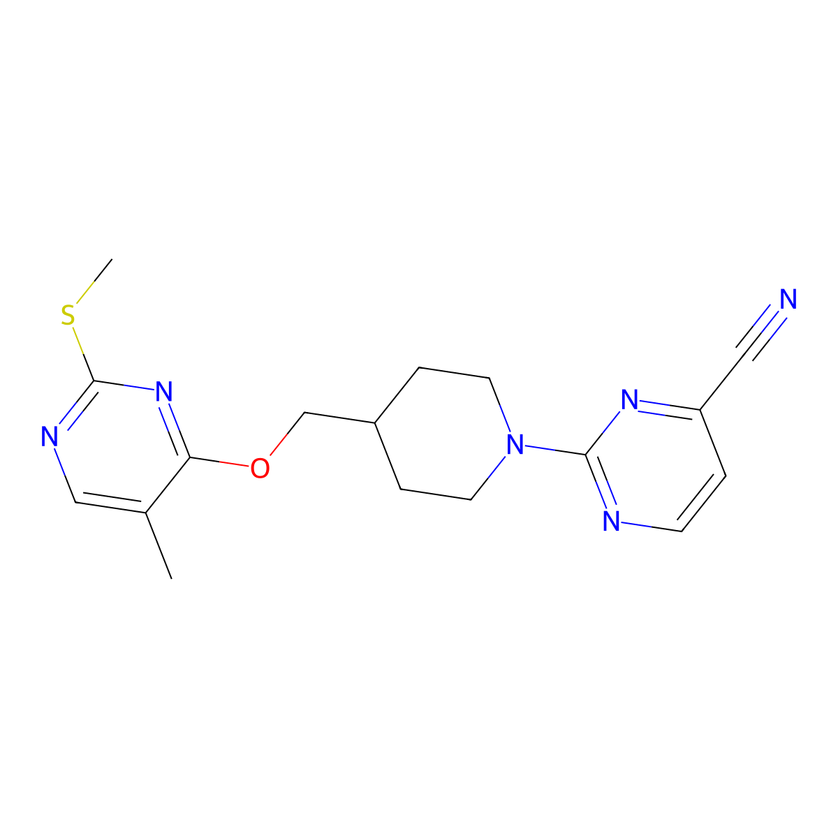 2-[4-({[5-Methyl-2-(methylsulfanyl)pyrimidin-4-yl]oxy}methyl)piperidin-1-yl]pyrimidine-4-carbonitrile molecular structure, CAS 2640902-89-0