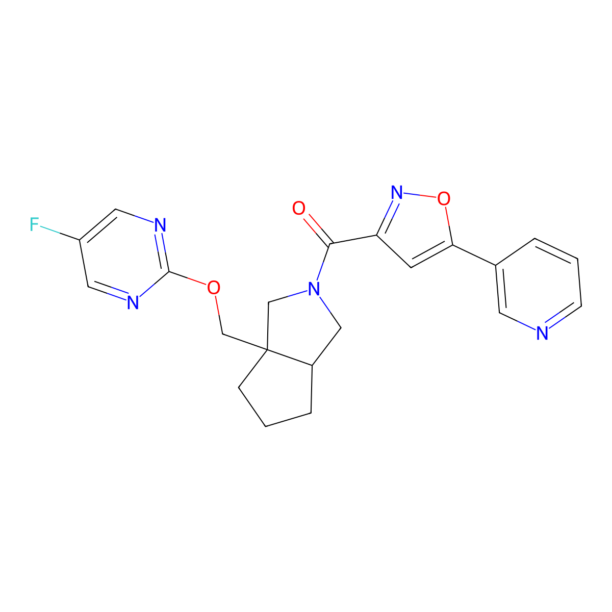 5-Fluoro-2-({2-[5-(pyridin-3-yl)-1,2-oxazole-3-carbonyl]-octahydrocyclopenta[c]pyrrol-3a-yl}methoxy)pyrimidine molecular structure, CAS 2640902-90-3
