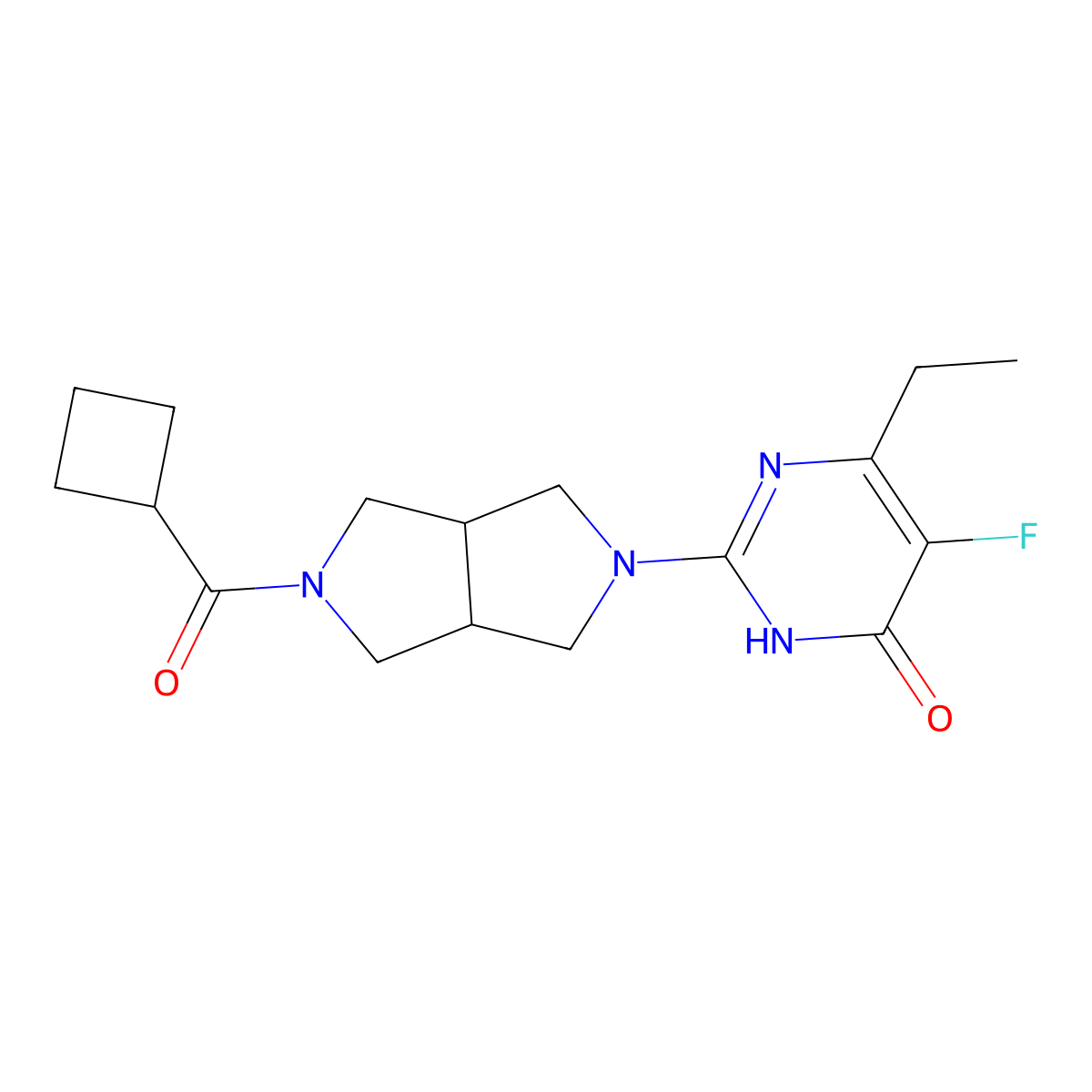 2-{5-Cyclobutanecarbonyl-octahydropyrrolo[3,4-c]pyrrol-2-yl}-6-ethyl-5-fluoro-3,4-dihydropyrimidin-4-one molecular structure, CAS 2640902-95-8