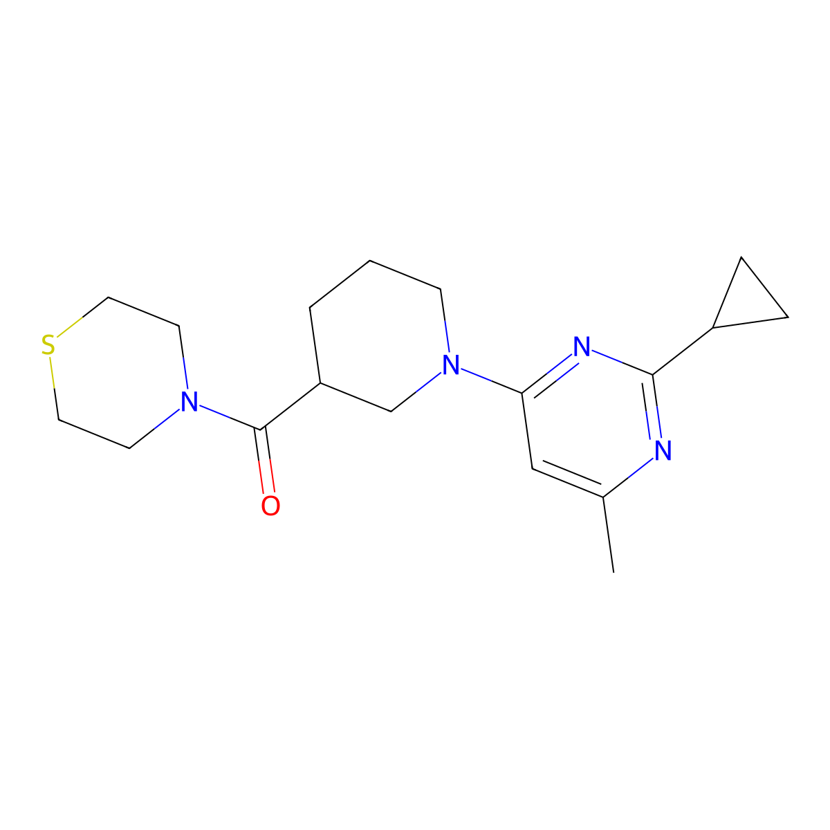 4-[1-(2-Cyclopropyl-6-methylpyrimidin-4-yl)piperidine-3-carbonyl]thiomorpholine molecular structure, CAS 2640903-04-2