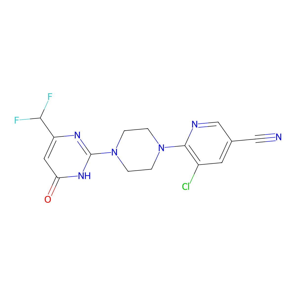 5-Chloro-6-{4-[4-(difluoromethyl)-6-oxo-1,6-dihydropyrimidin-2-yl]piperazin-1-yl}pyridine-3-carbonitrile molecular structure, CAS 2640903-05-3