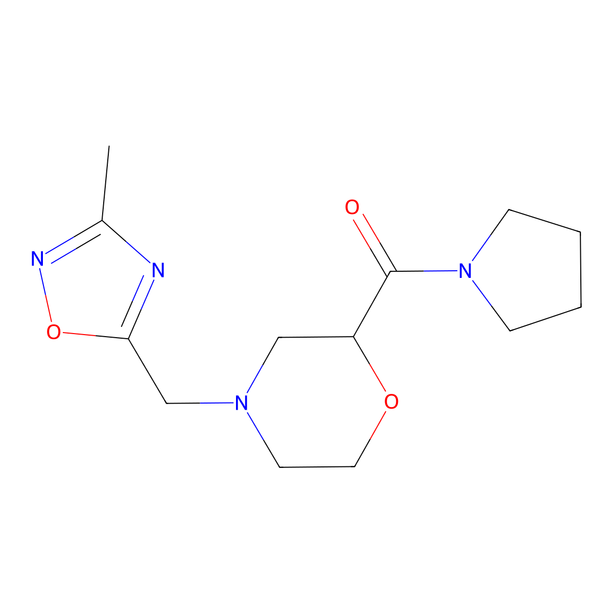 4-[(3-Methyl-1,2,4-oxadiazol-5-yl)methyl]-2-(pyrrolidine-1-carbonyl)morpholine molecular structure, CAS 2640903-08-6