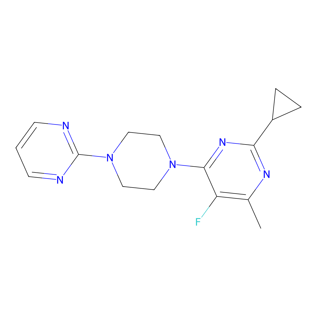 2-Cyclopropyl-5-fluoro-4-methyl-6-[4-(pyrimidin-2-yl)piperazin-1-yl]pyrimidine molecular structure, CAS 2640903-09-7
