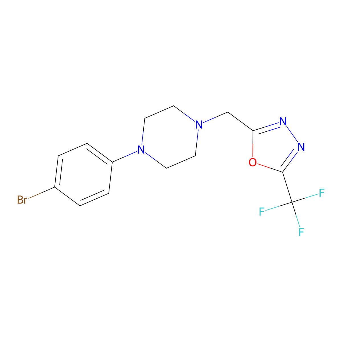 1-(4-Bromophenyl)-4-{[5-(trifluoromethyl)-1,3,4-oxadiazol-2-yl]methyl}piperazine molecular structure, CAS 2640903-12-2